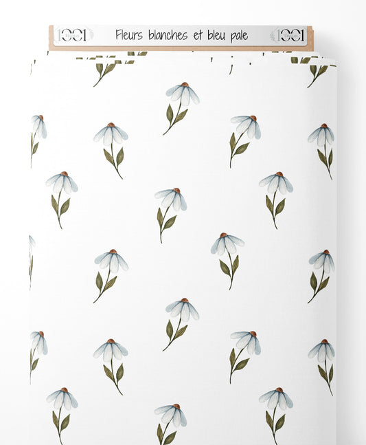 Tissu - Fleurs blanches et bleu pâle