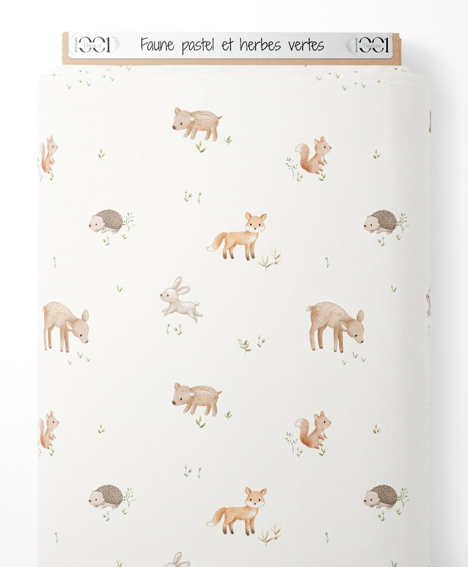 Tissu - Faune pastel et herbes vertes