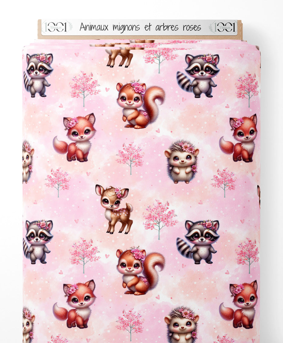 Tissu - Animaux mignons et arbres roses