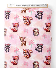 Tissu - Animaux mignons et arbres roses
