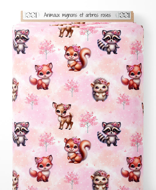 Tissu - Animaux mignons et arbres roses