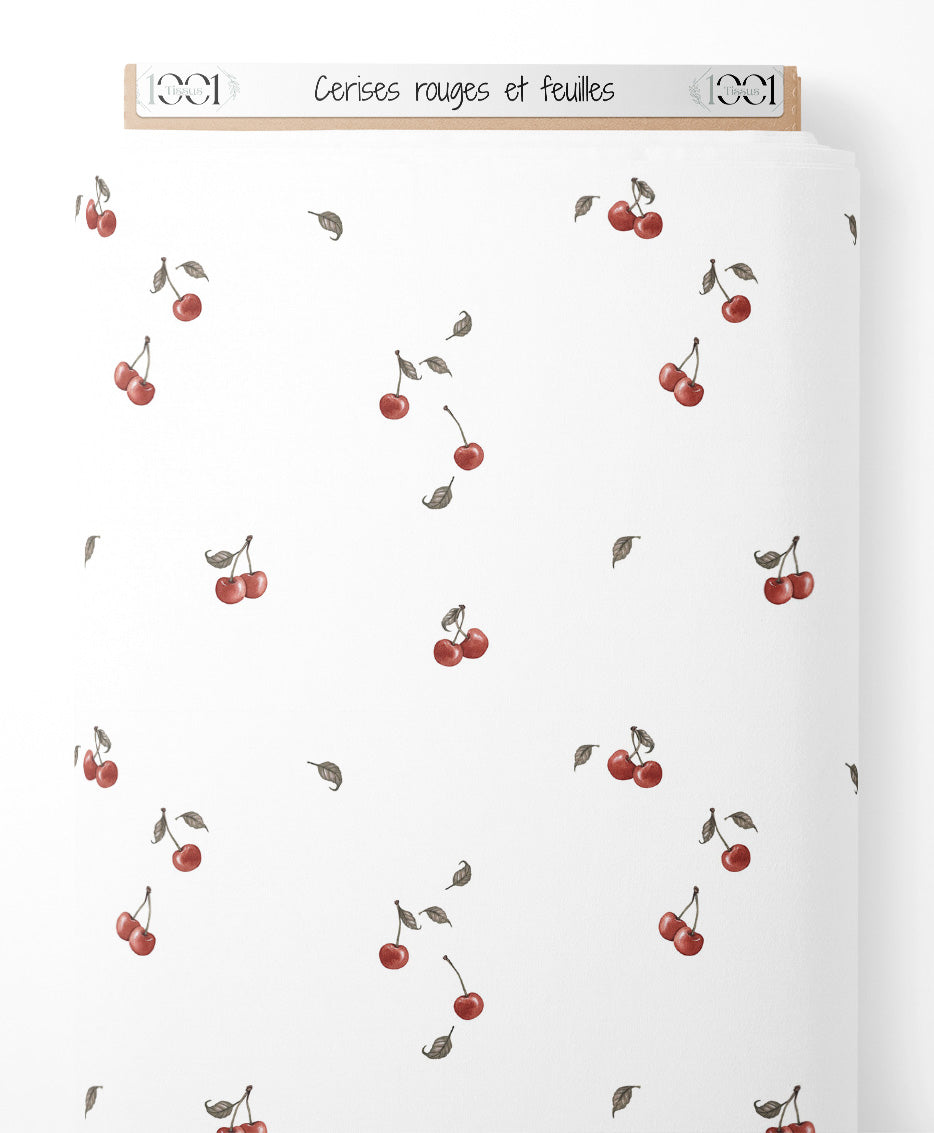 Tissu - Cerises rouges et feuilles