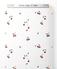 Tissu - Cerises rouges et feuilles