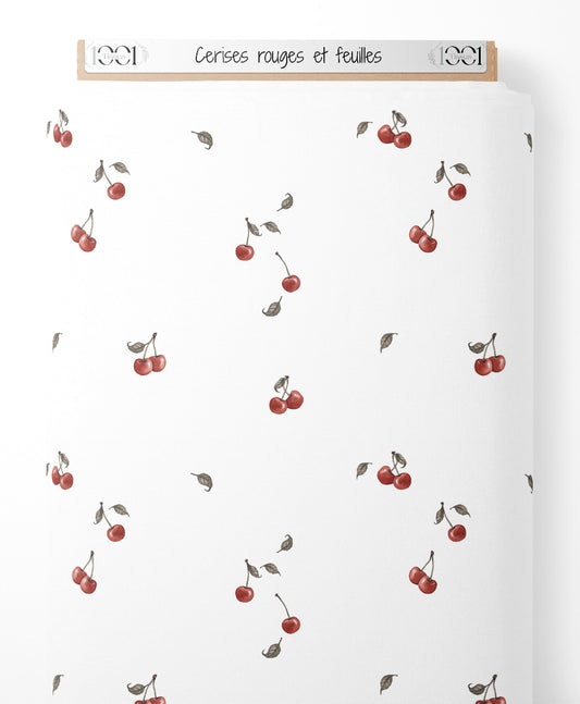 Tissu - Cerises rouges et feuilles