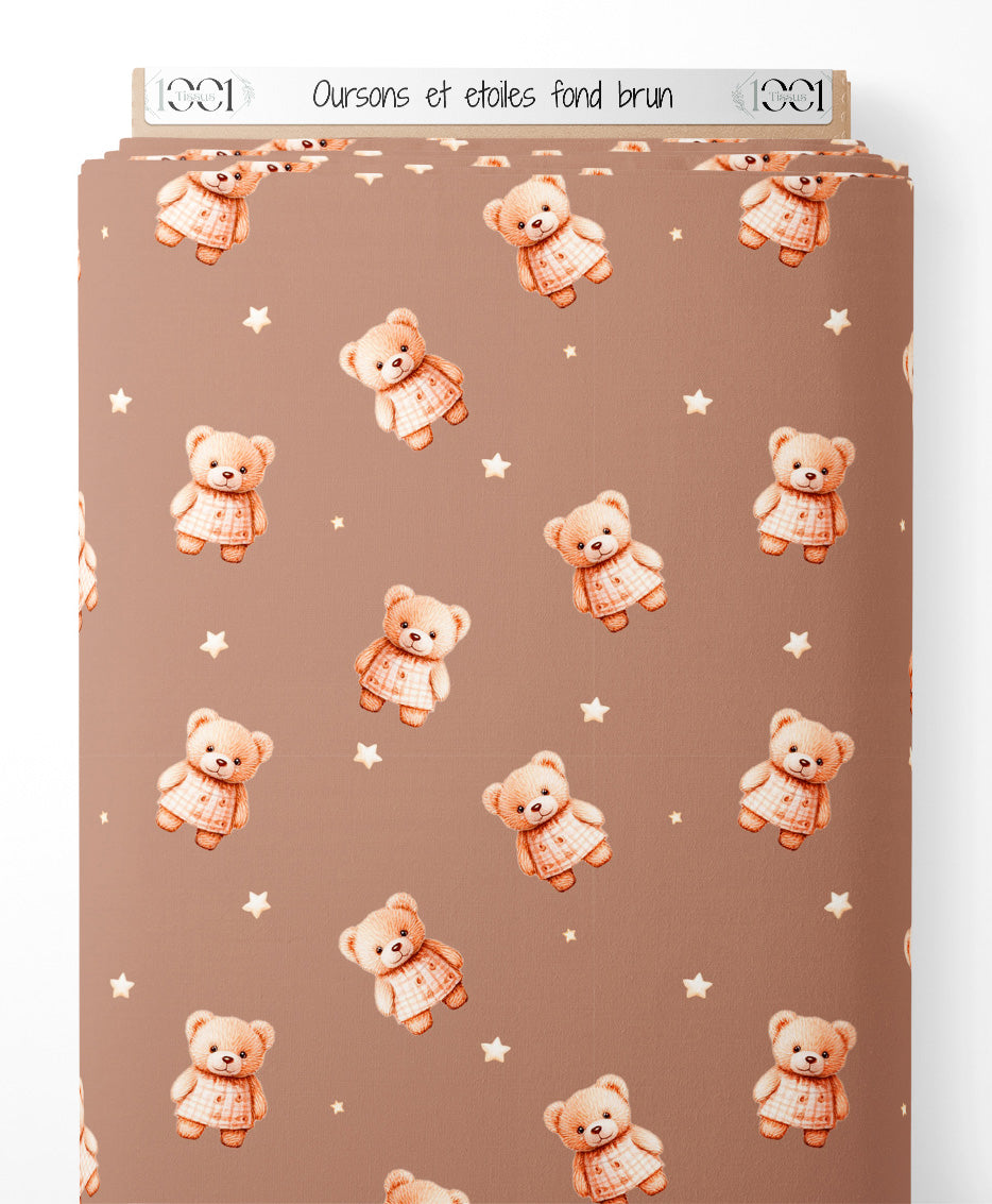 Tissu - Oursons et étoiles sur fond brun