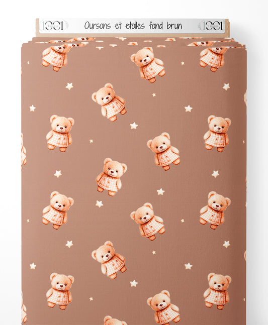 Tissu - Oursons et étoiles sur fond brun