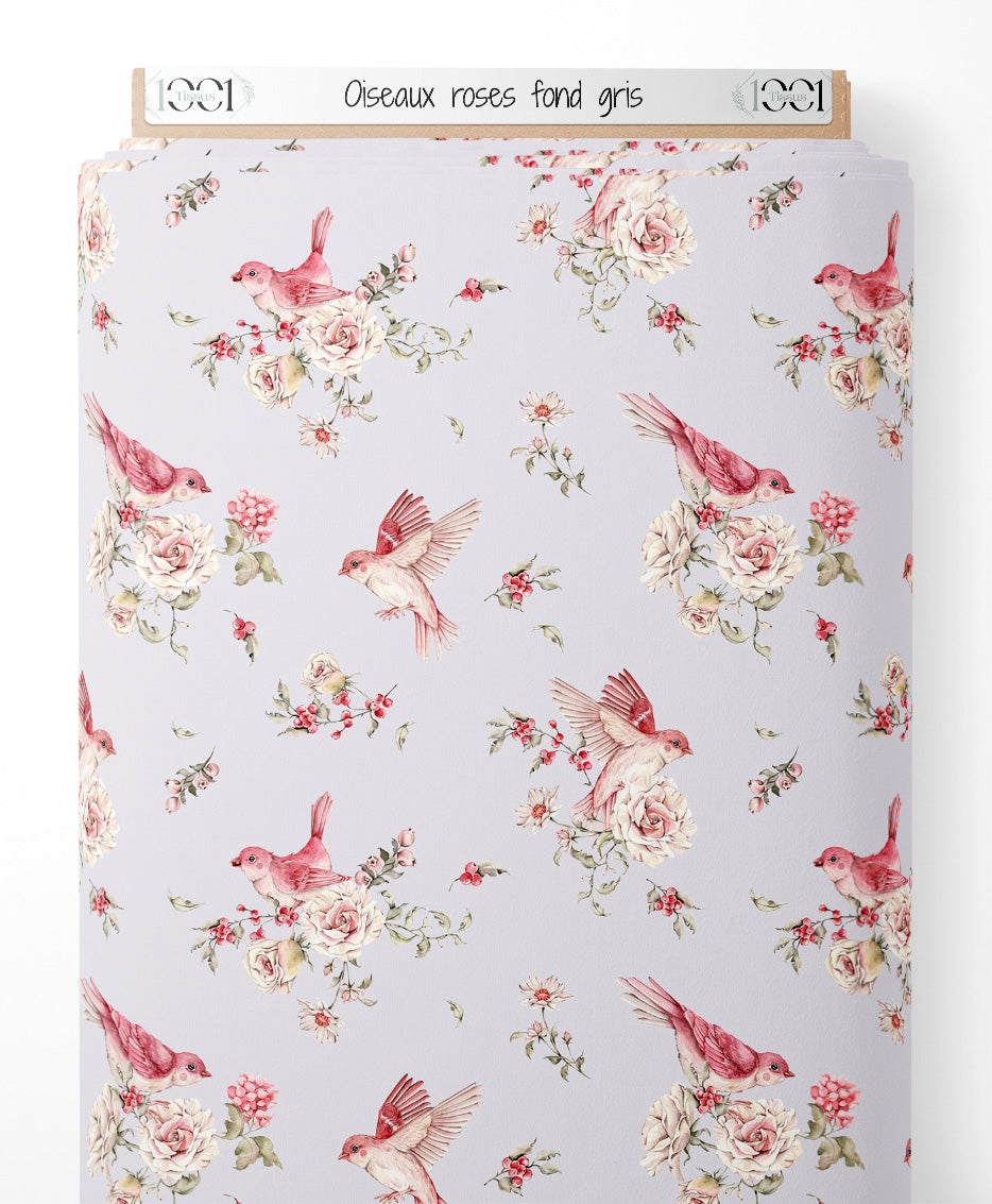 Tissu - Oiseaux roses sur fond gris