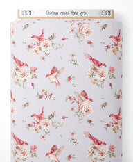 Tissu - Oiseaux roses sur fond gris