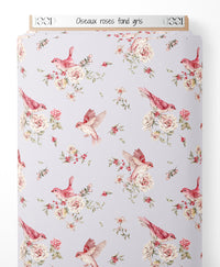 Tissu - Oiseaux roses sur fond gris