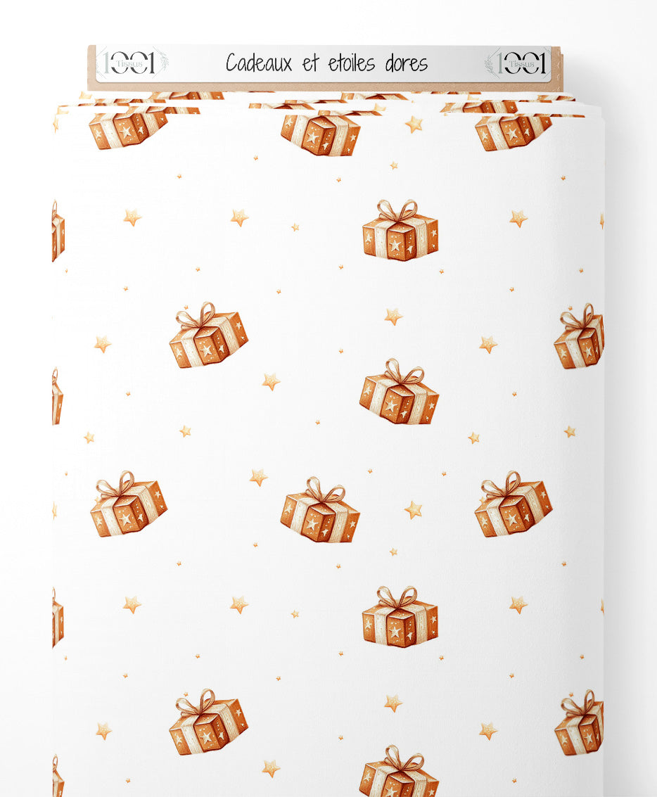 Tissu - Cadeaux et étoiles dorés