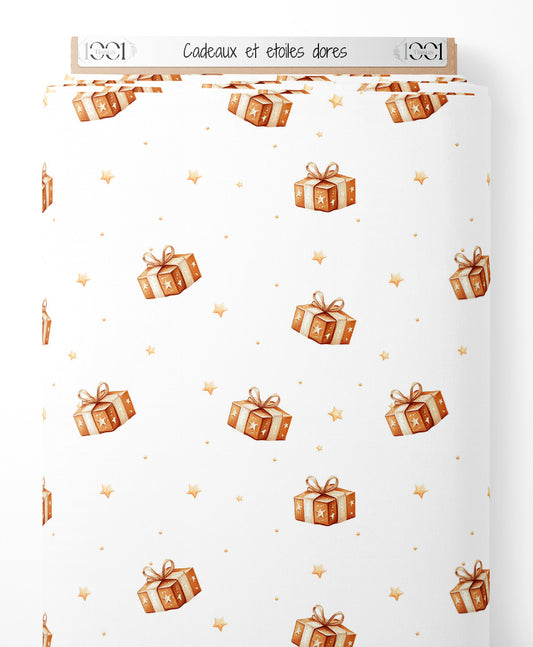 Tissu - Cadeaux et étoiles dorés