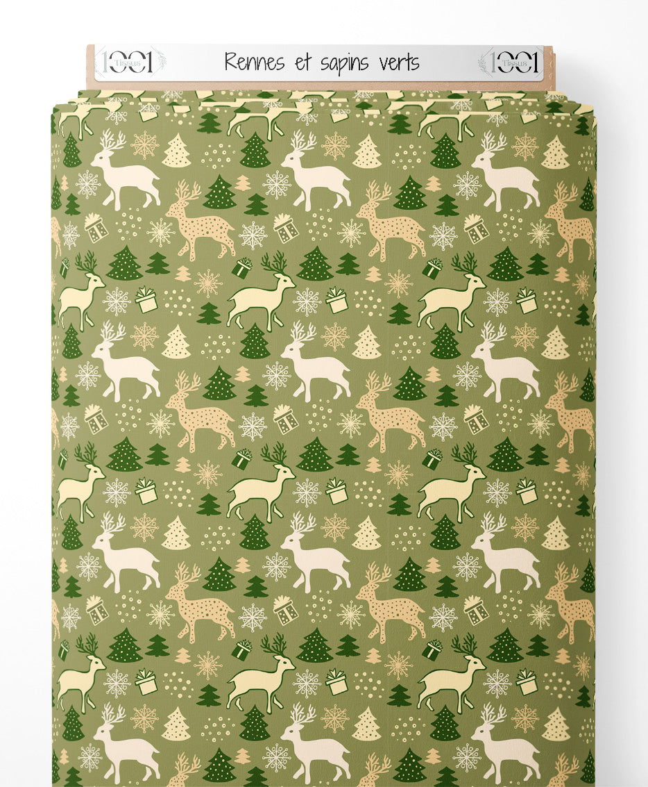 Tissu - Rennes et sapins verts