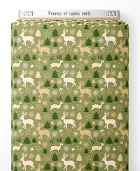 Tissu - Rennes et sapins verts