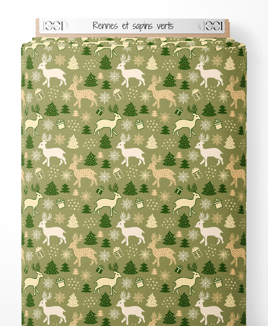 Tissu - Rennes et sapins verts