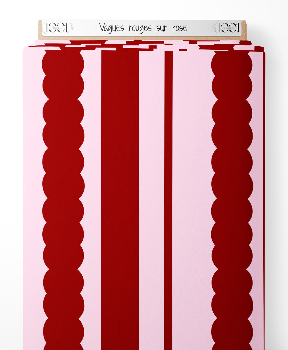 Tissu - Vagues rouges sur rose