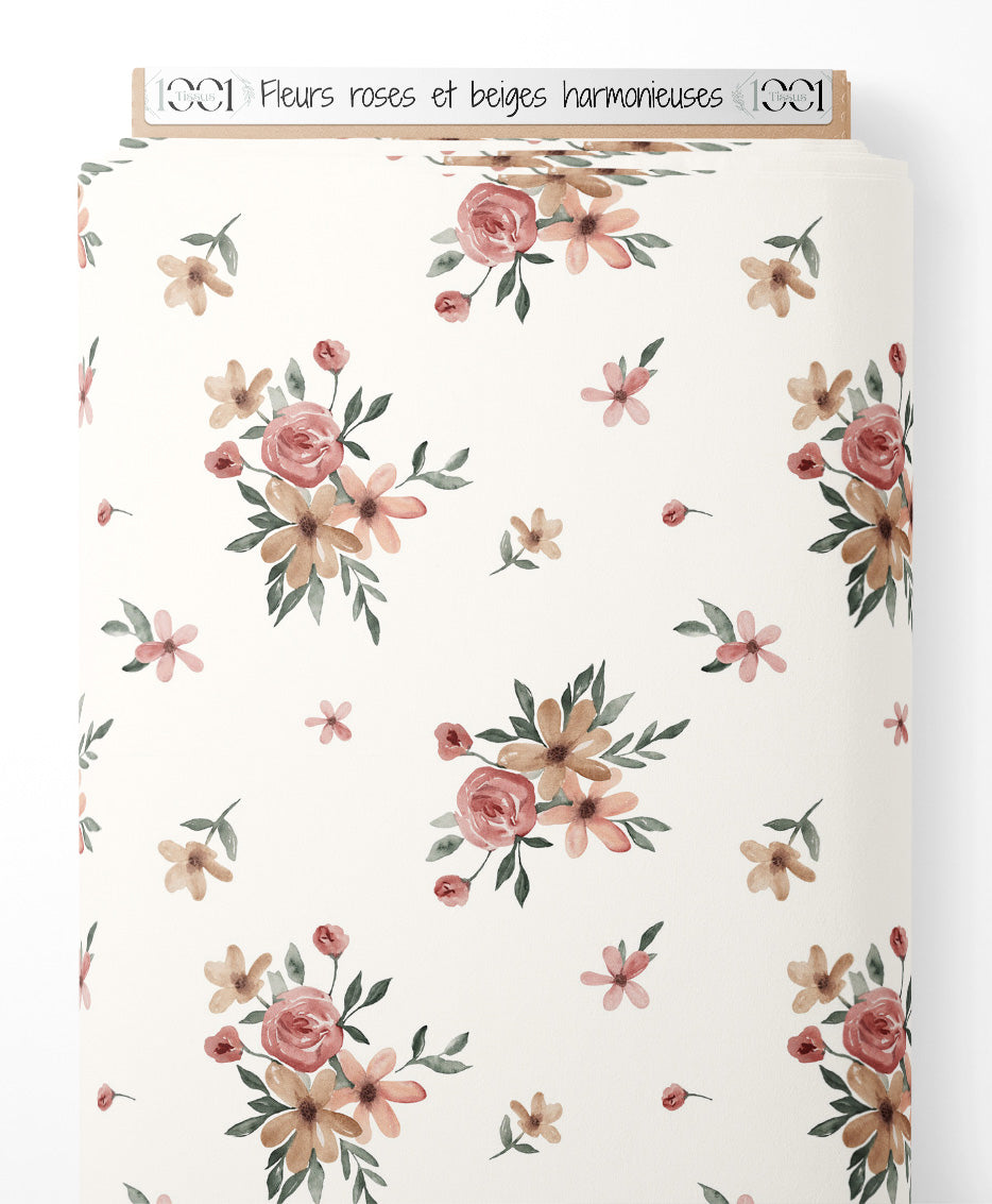 Tissu - Fleurs roses et beiges harmonieuses