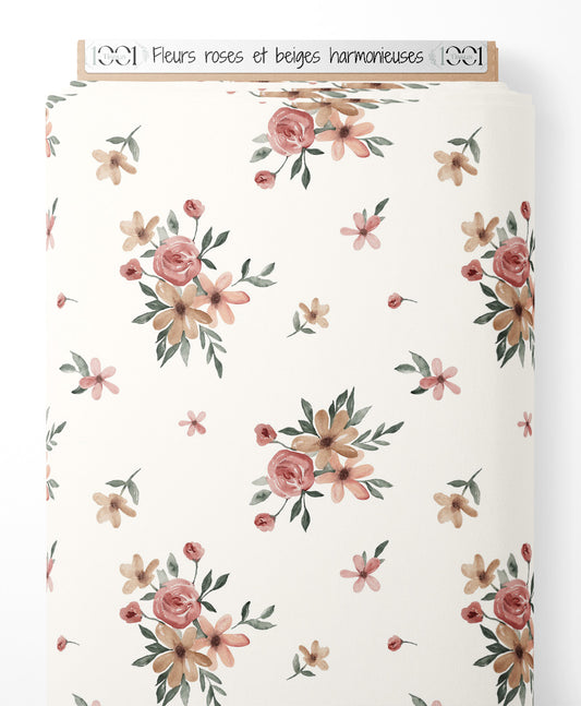 Tissu - Fleurs roses et beiges harmonieuses