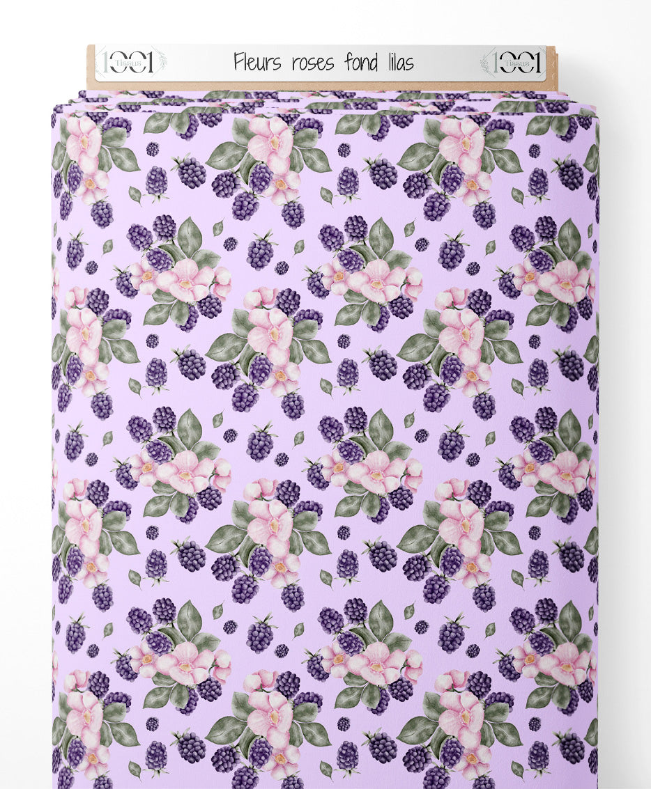 Tissu - Fleurs roses sur fond lilas