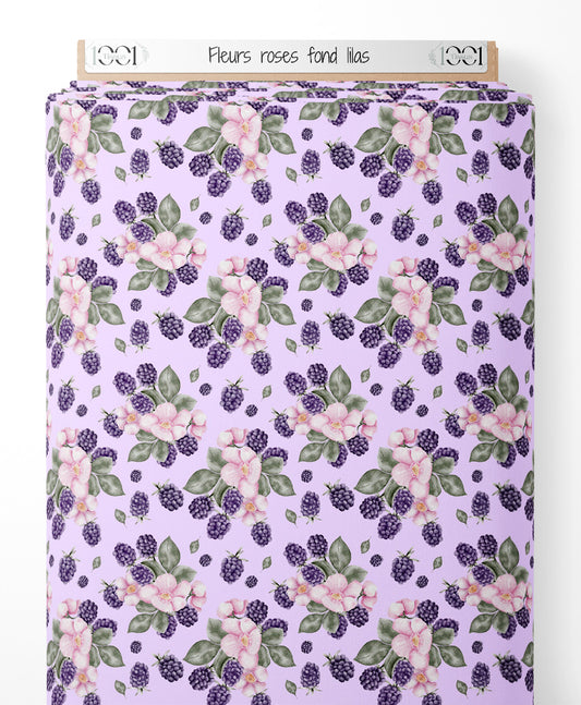 Tissu - Fleurs roses sur fond lilas