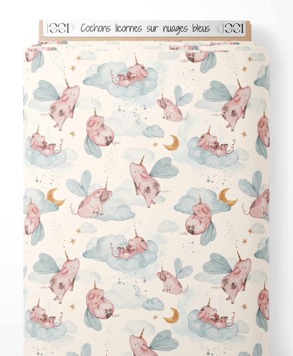 Tissu - Cochons licornes sur nuages bleus