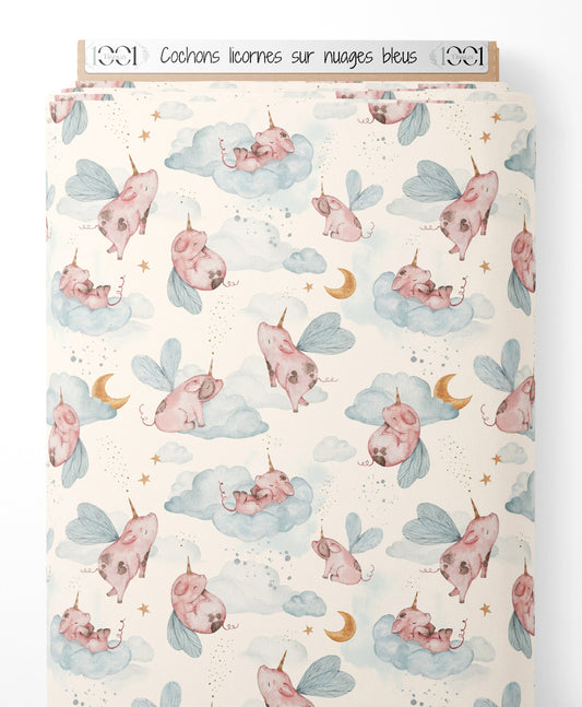 Tissu - Cochons licornes sur nuages bleus