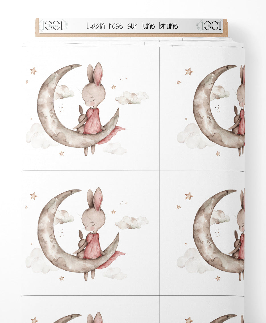 Tissu - Lapin rose sur lune brune