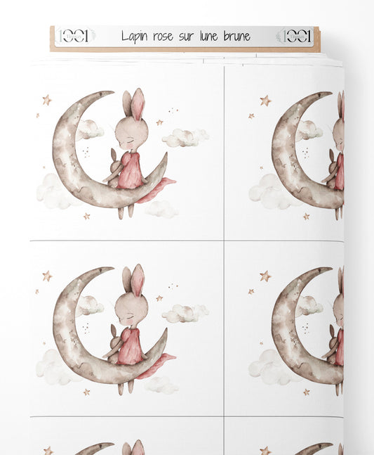 Tissu - Lapin rose sur lune brune