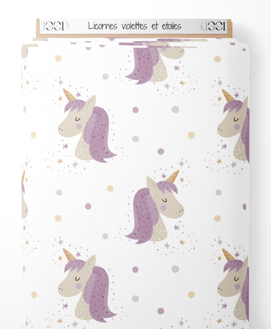 Tissu - Licornes violettes et étoiles