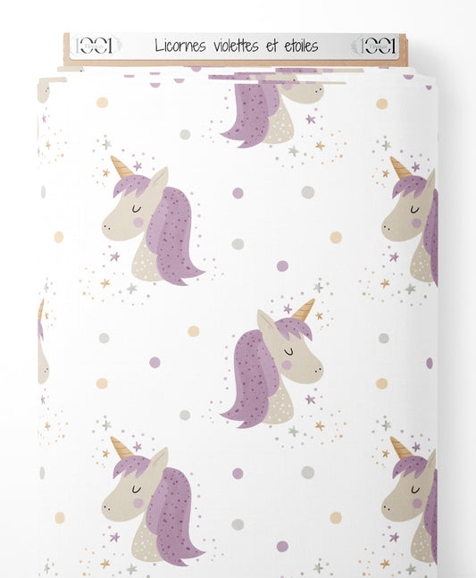 Tissu - Licornes violettes et étoiles