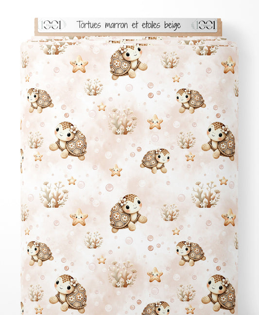 Tissu - Tortues marron et étoiles beige
