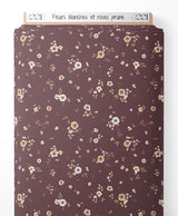 Tissu - Fleurs blanches et roses prune