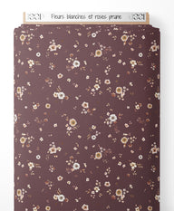 Tissu - Fleurs blanches et roses prune