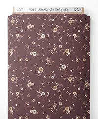 Tissu - Fleurs blanches et roses prune