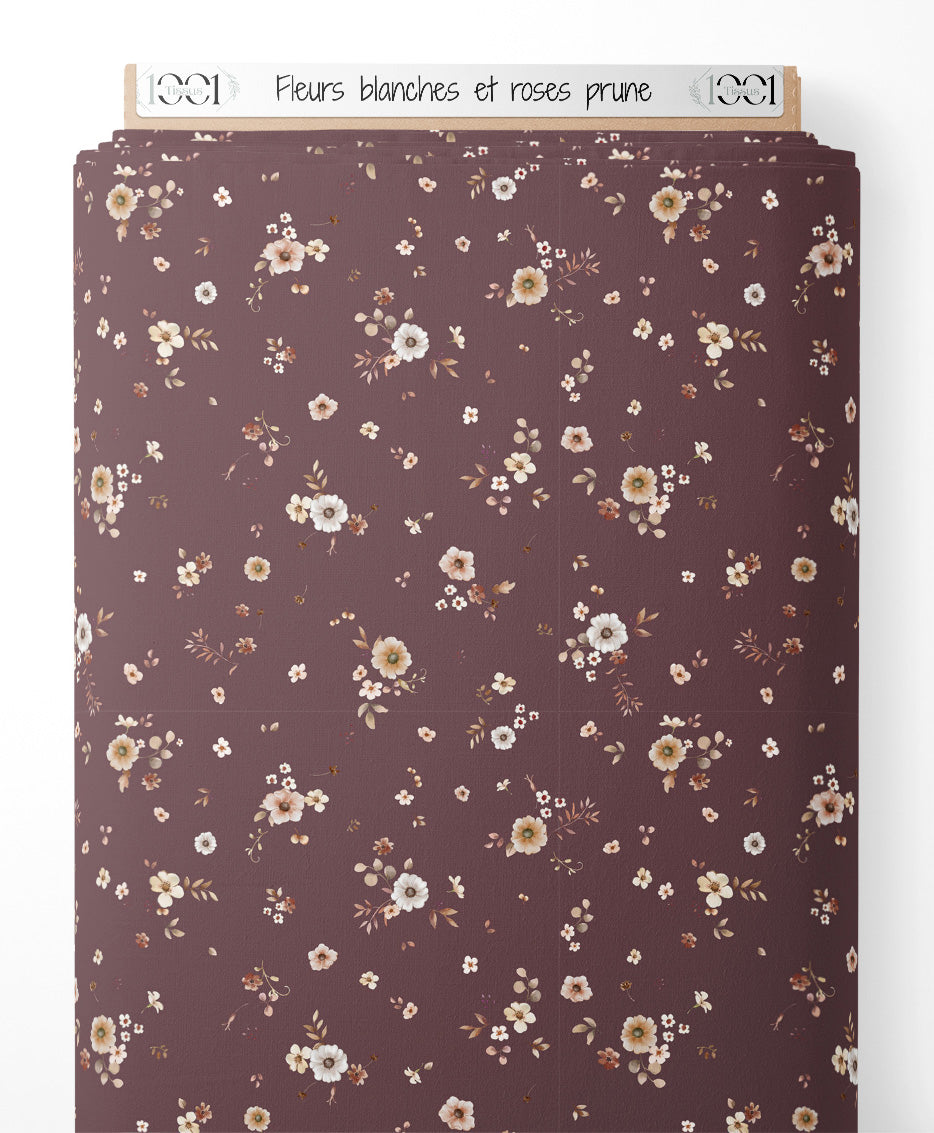 Tissu - Fleurs blanches et roses prune
