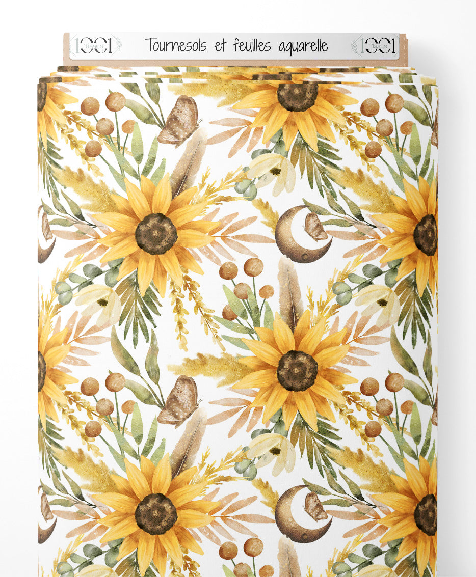 Tissu - Tournesols et feuilles aquarelle