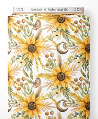 Tissu - Tournesols et feuilles aquarelle