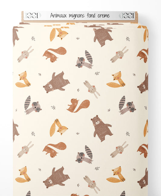 Tissu - Animaux mignons sur fond crème