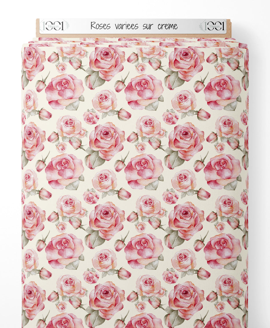 Tissu - Roses variées sur crème