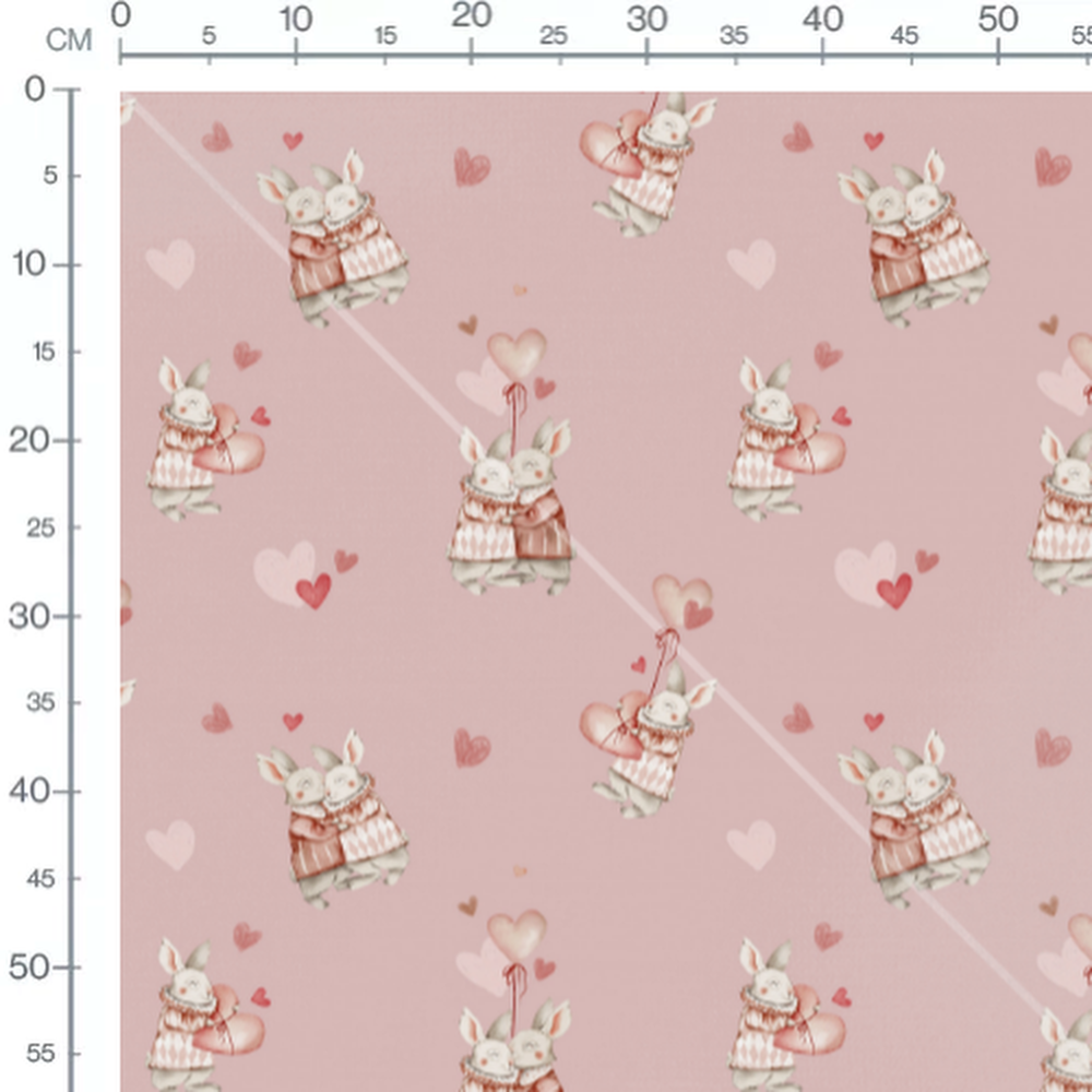 Tissu - Lapins et cœurs variés roses