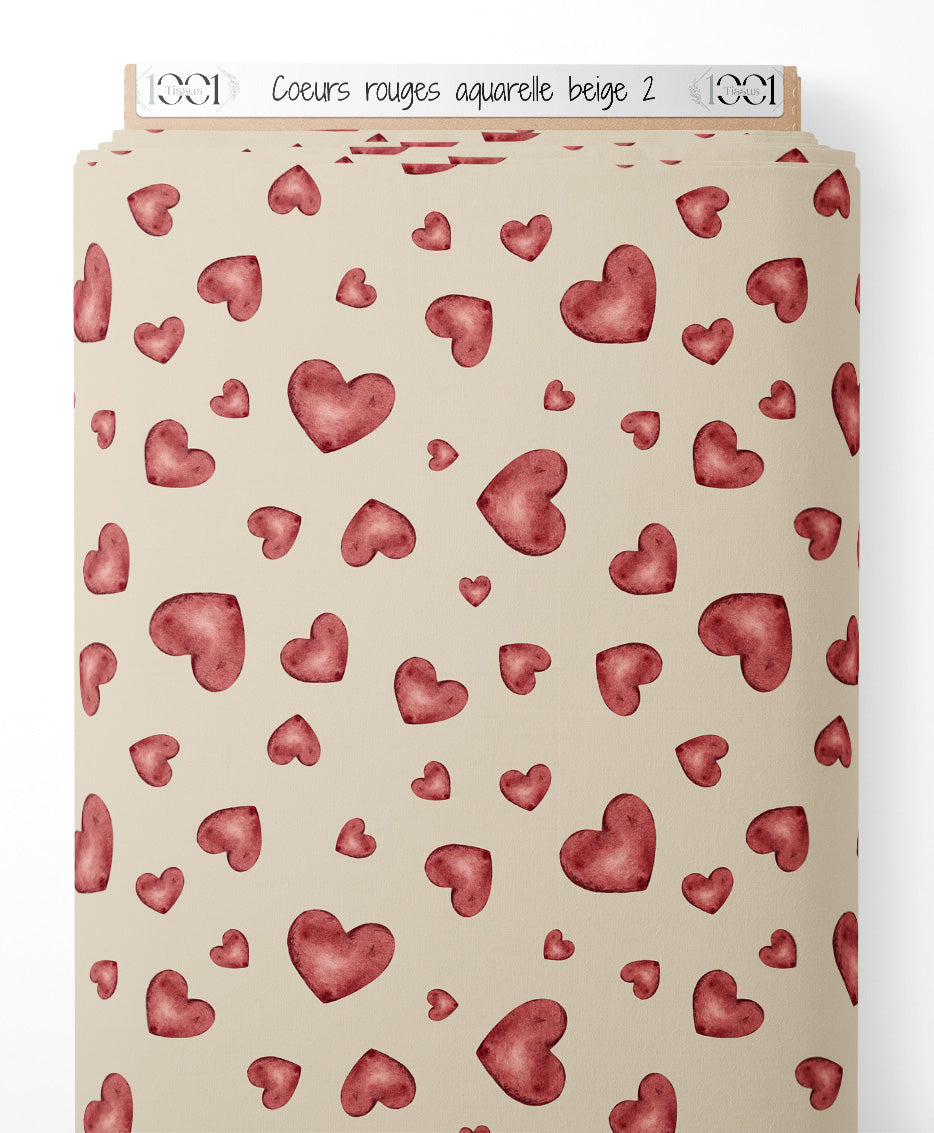 Tissu - Cœurs rouges aquarelle beige 2