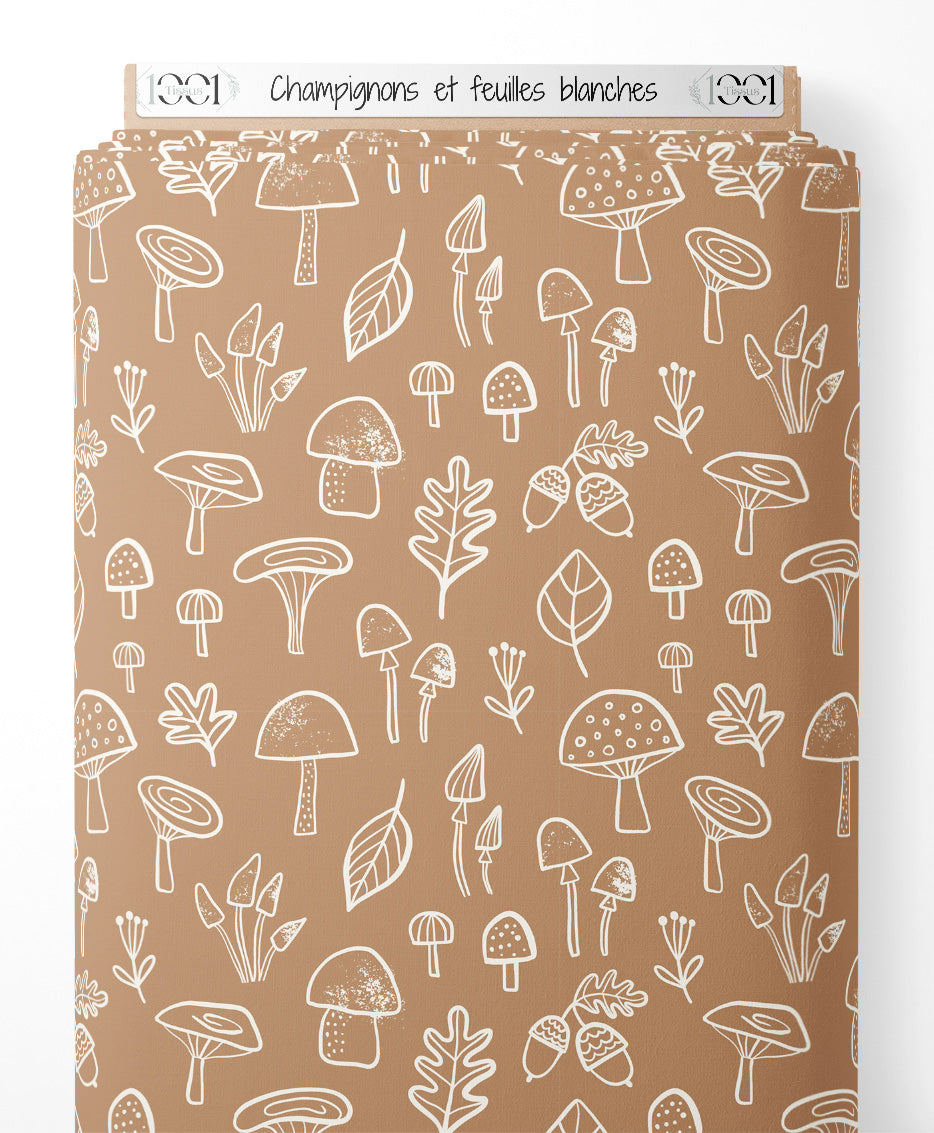 Tissu - Champignons et feuilles blanches