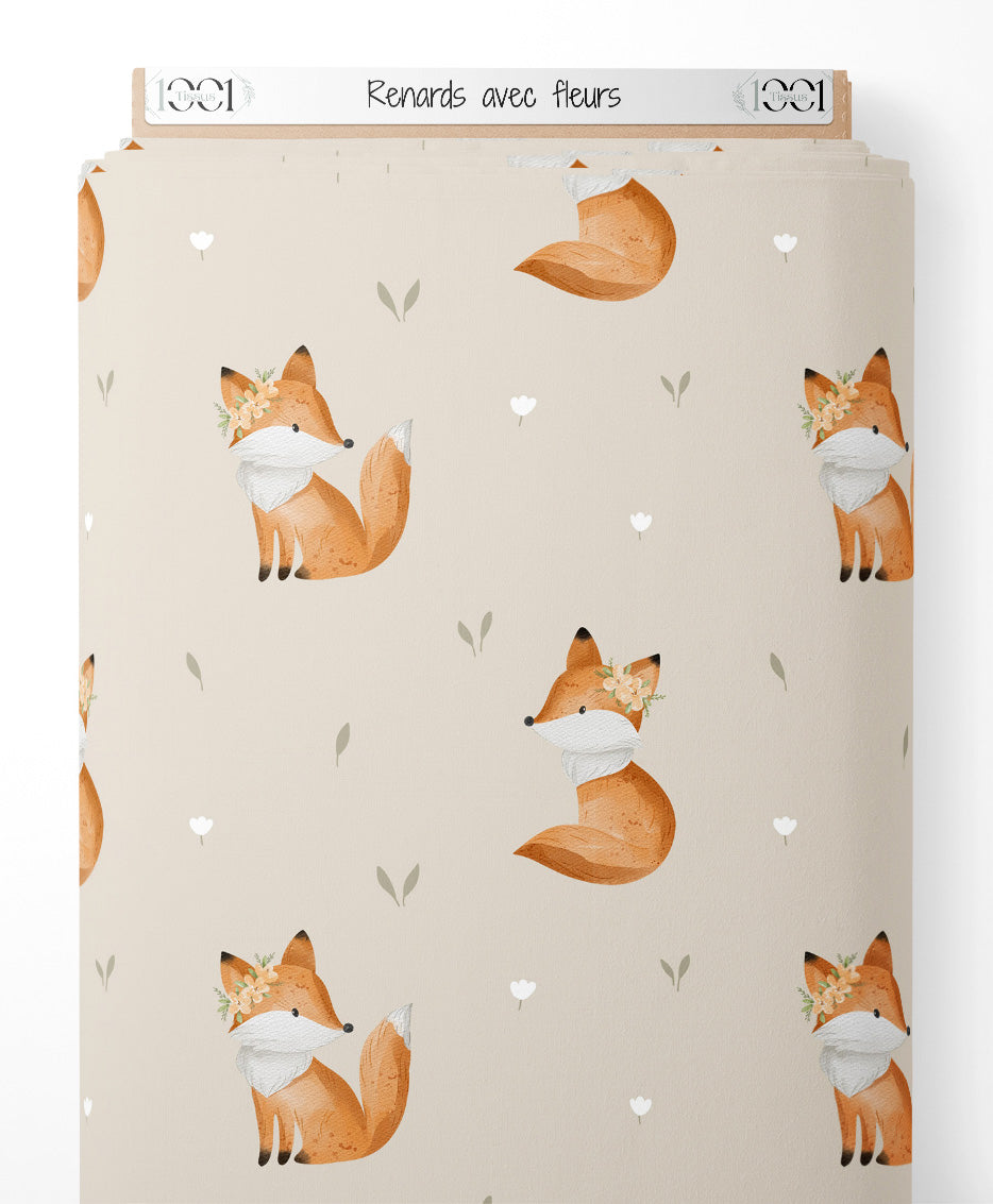 Tissu - Renards avec fleurs
