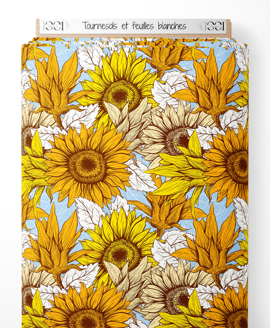 Tissu - Tournesols et feuilles blanches