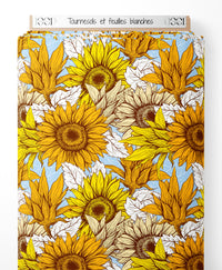 Tissu - Tournesols et feuilles blanches