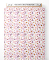 Tissu - Fleurs roses et marron blanches