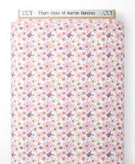 Tissu - Fleurs roses et marron blanches