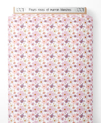 Tissu - Fleurs roses et marron blanches
