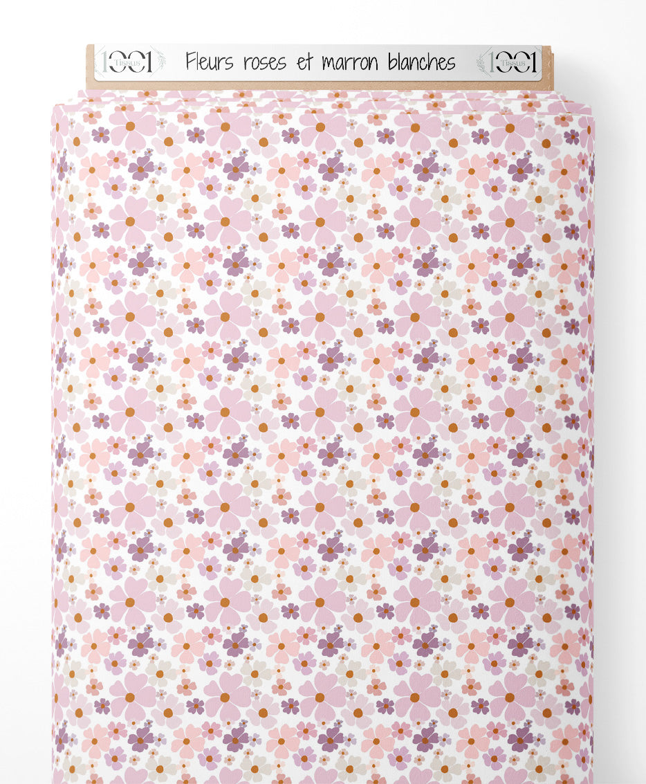 Tissu - Fleurs roses et marron blanches