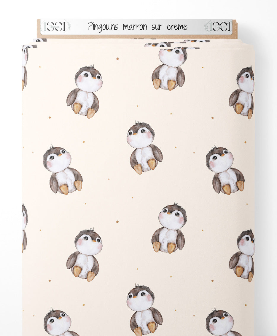Tissu - Pingouins marron sur crème