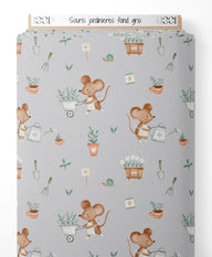 Tissu - Souris jardinières sur fond gris